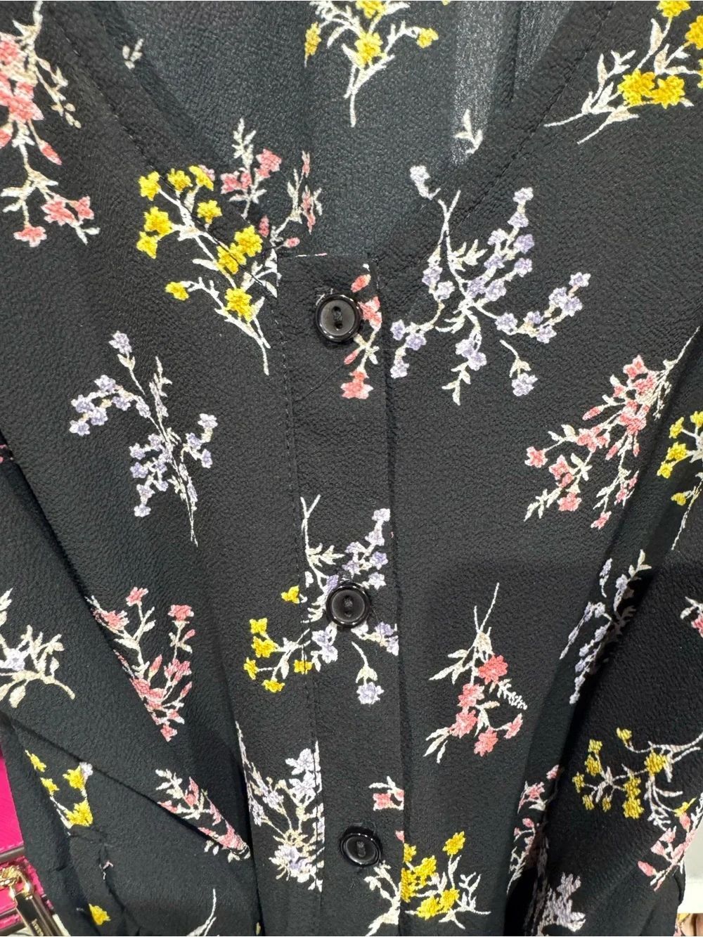 0117 Good Luck Gem Black Floral V-Neck romper with Pink and Yellow Accents - Picture 4 of 6
